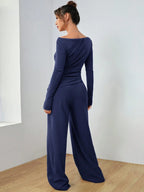 EZwear Knitted Women's Slim Fit Boat Neck Long Sleeve Top And Wide Leg Pants Set shein
