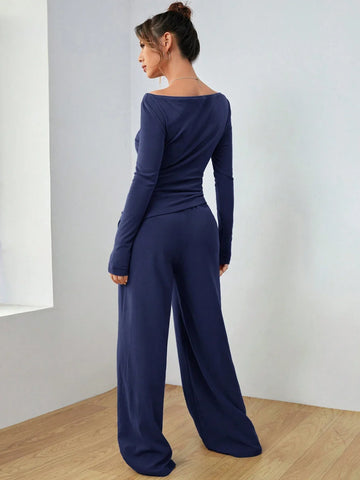 EZwear Knitted Women's Slim Fit Boat Neck Long Sleeve Top And Wide Leg Pants Set