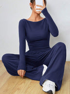 EZwear Knitted Women's Slim Fit Boat Neck Long Sleeve Top And Wide Leg Pants Set shein