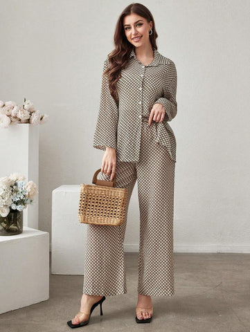 Women's Geometric Printed Long Sleeve Shirt And Pants