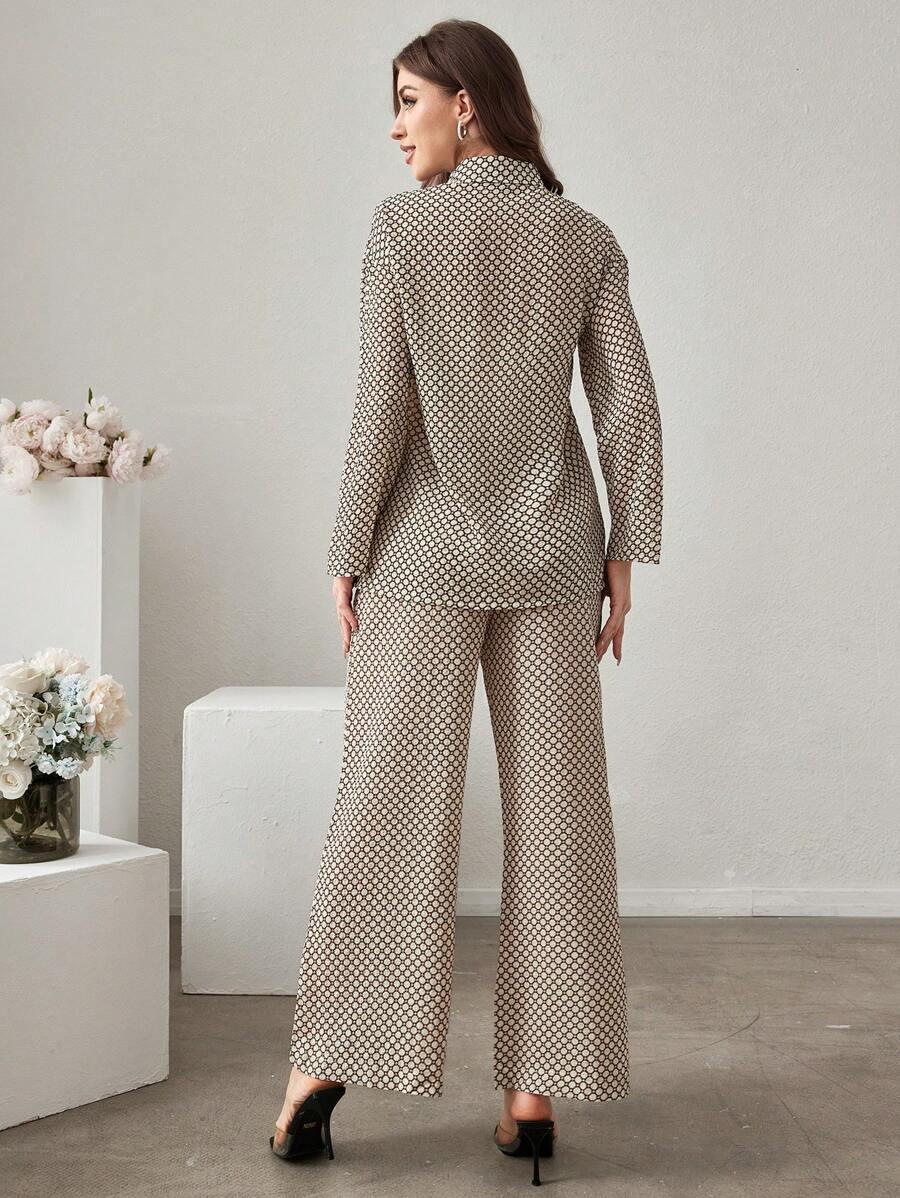 Women's Geometric Printed Long Sleeve Shirt And Pants shein