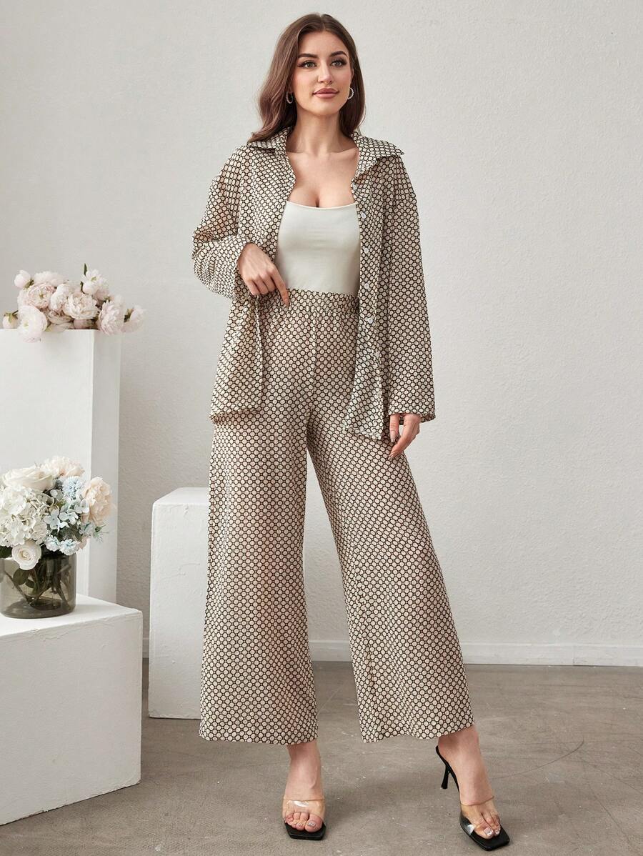 Women's Geometric Printed Long Sleeve Shirt And Pants shein