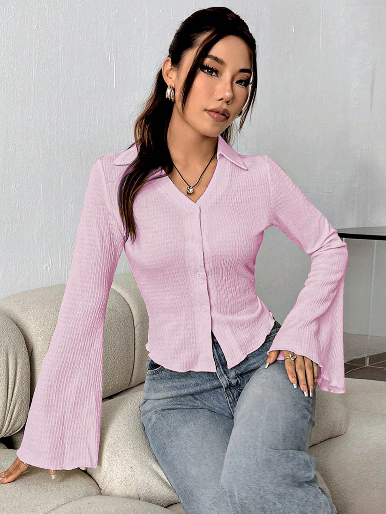 EZwear Ladies' Textured Stand Collar Blouse With Flare Sleeves shein