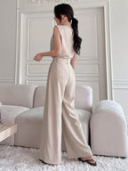 DAZY 2pcs Solid Color Round Neck Slit Sleeveless Top & Wide Leg Pants Set shein