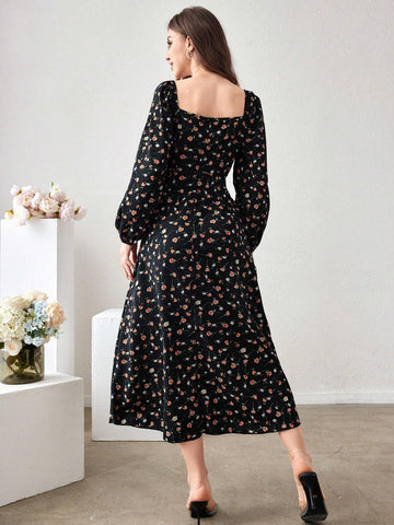 Mulvari Women's Floral Print Square Neck Lantern Sleeve Dress shein