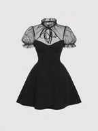 MOD Women's Patchwork Mesh Puff Sleeve Dress shein