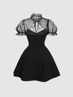 MOD Women's Patchwork Mesh Puff Sleeve Dress shein