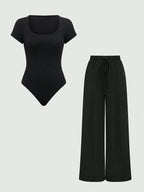 EZwear Plain Color Asymmetric Hem Top And Pants Two Piece Set shein