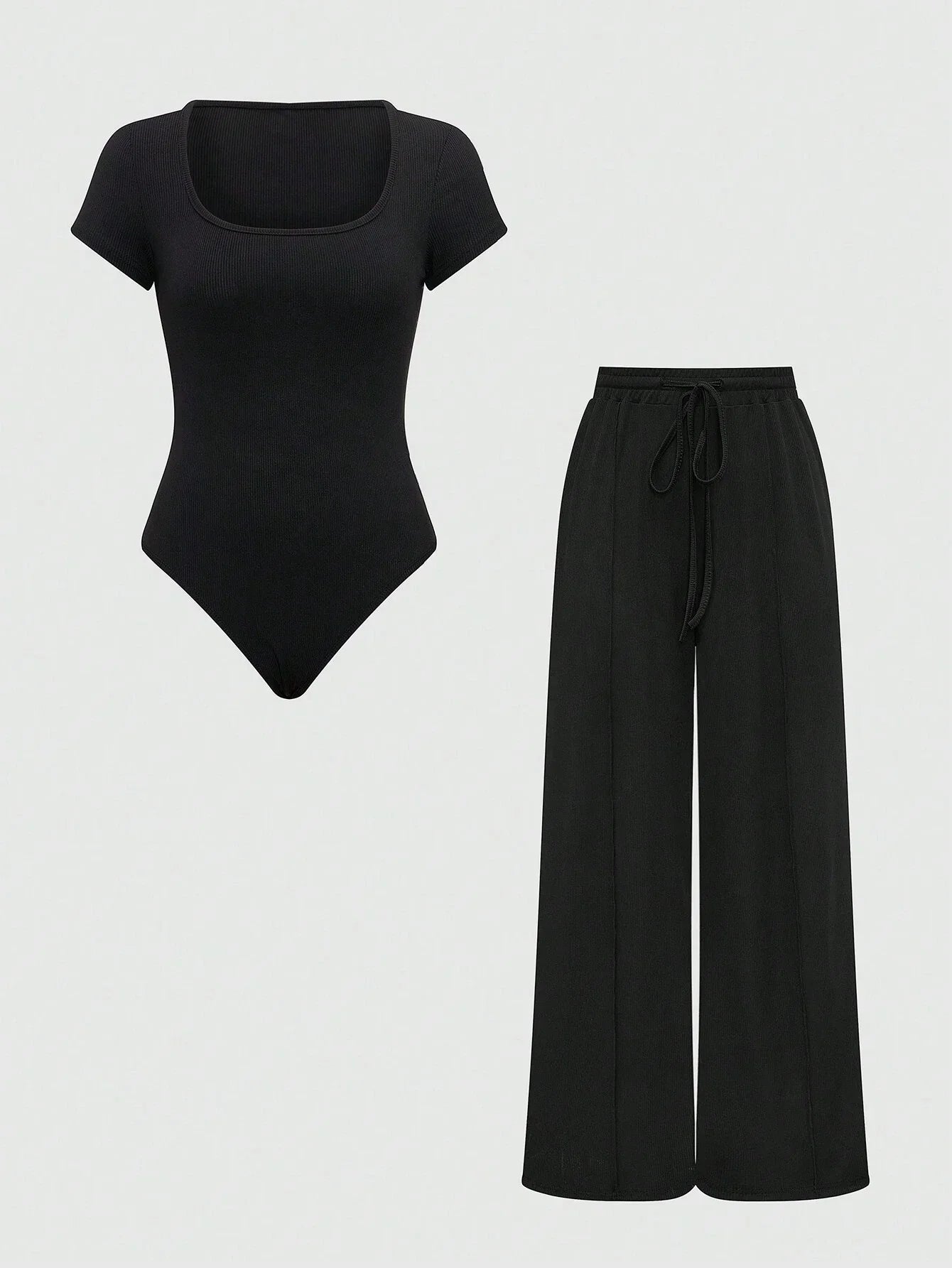 EZwear Plain Color Asymmetric Hem Top And Pants Two Piece Set shein