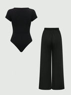EZwear Plain Color Asymmetric Hem Top And Pants Two Piece Set shein