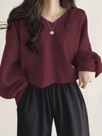 DAZY Women's Solid Color V-Neck Drop Shoulder Long Sleeve T-Shirt shein