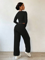 Solid Color Round Neck Top With Exposed Stitching And Waist Belt & Pocket Detail Pants shein
