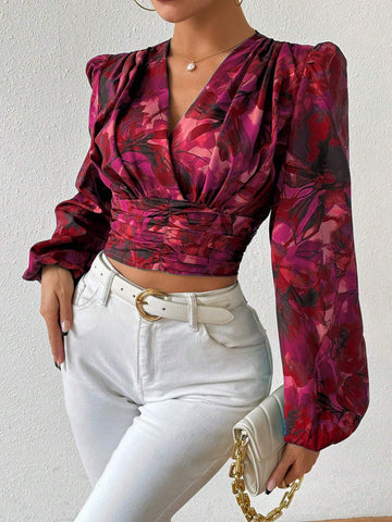 Women's Floral Printed Ruffle Trim Blouse