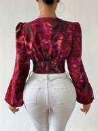 Women's Floral Printed Ruffle Trim Blouse shein