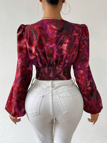Women's Floral Printed Ruffle Trim Blouse