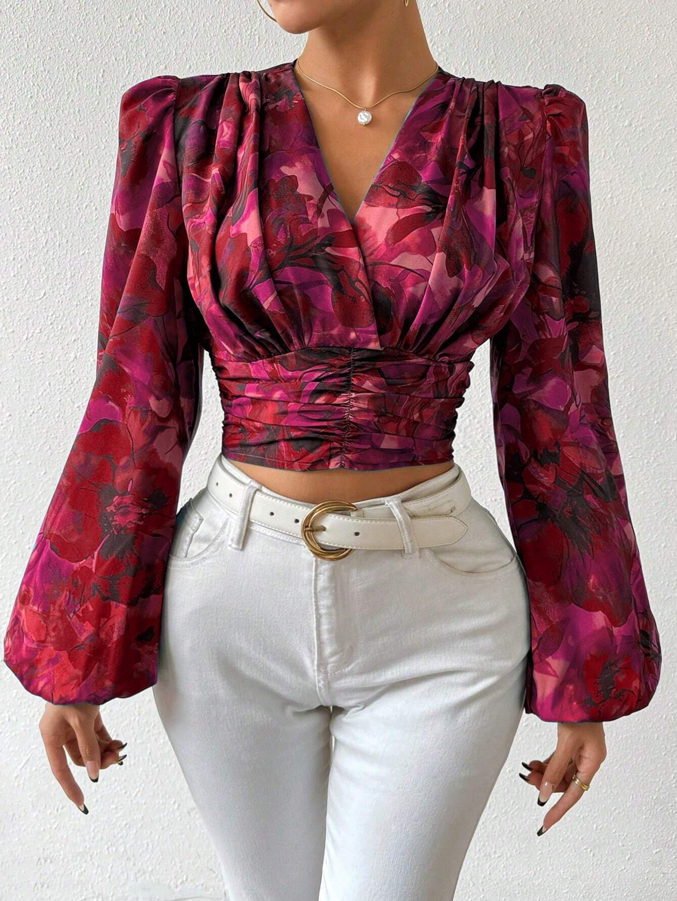 Women's Floral Printed Ruffle Trim Blouse shein