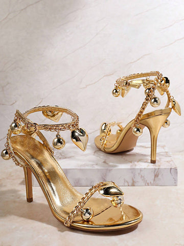 Women Shoes Cross Ankle Strap Heart Decor Open Toe Stiletto Thin High Heeled
