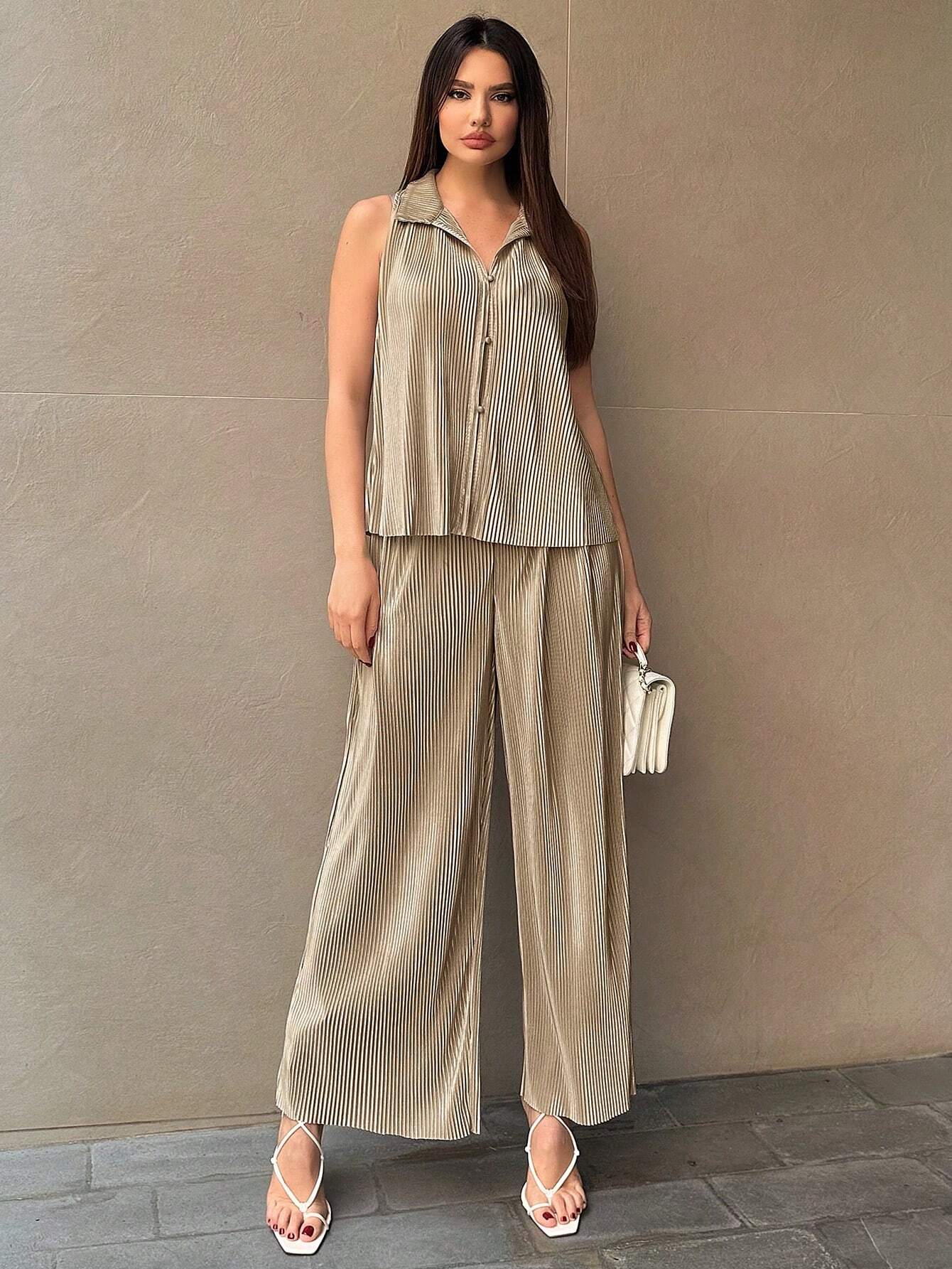 Essnce Women's Button Front Sleeveless Top And Wide Leg Pants Shein