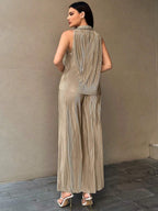 Essnce Women's Button Front Sleeveless Top And Wide Leg Pants Shein