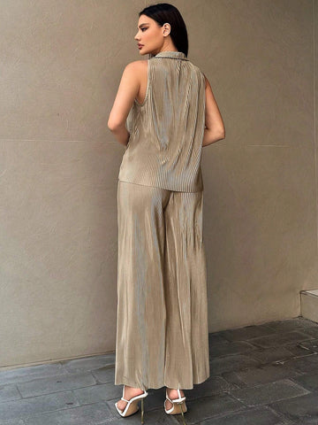 Essnce Women's Button Front Sleeveless Top And Wide Leg Pants