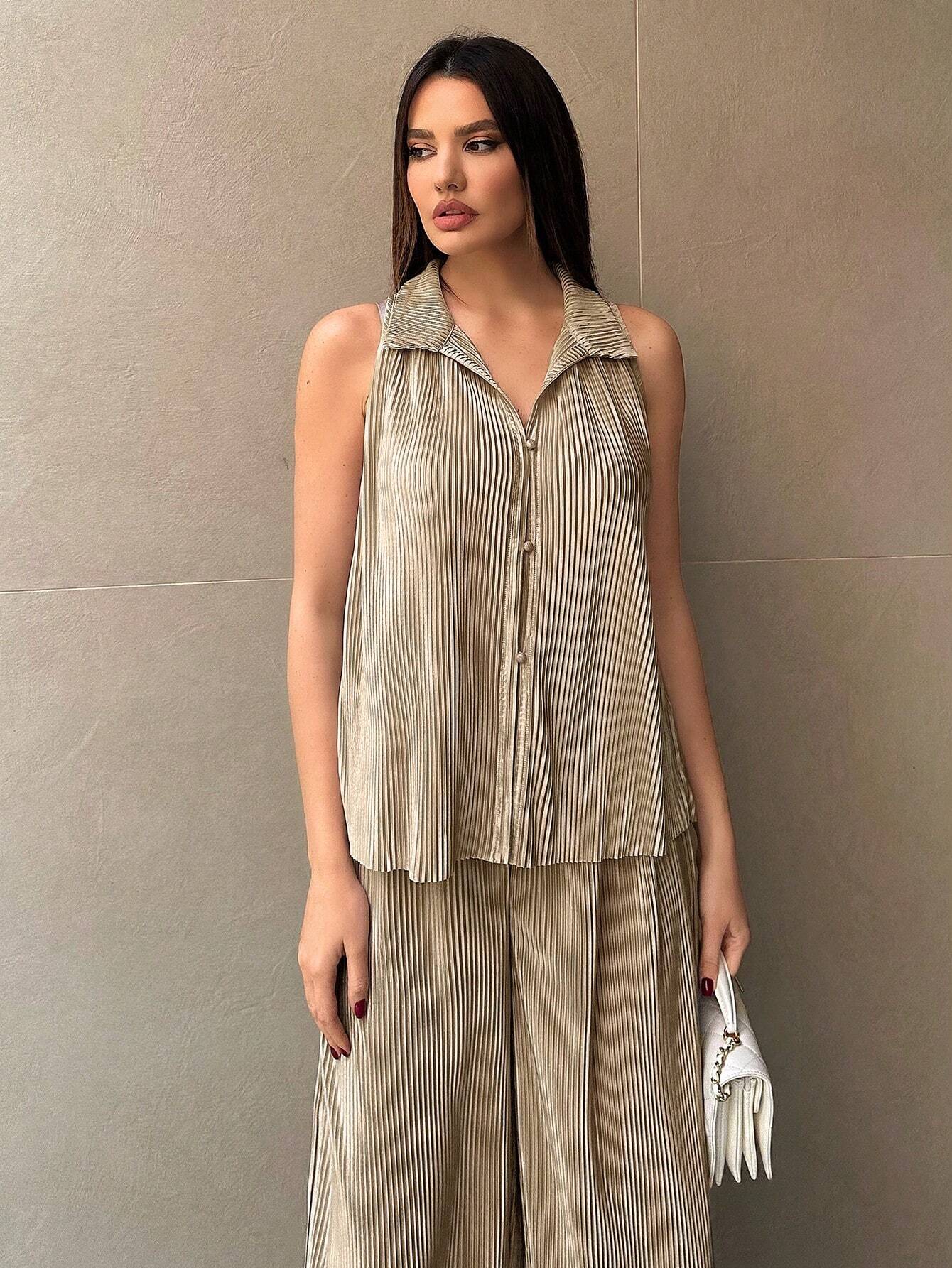 Essnce Women's Button Front Sleeveless Top And Wide Leg Pants