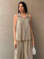 Essnce Women's Button Front Sleeveless Top And Wide Leg Pants Shein