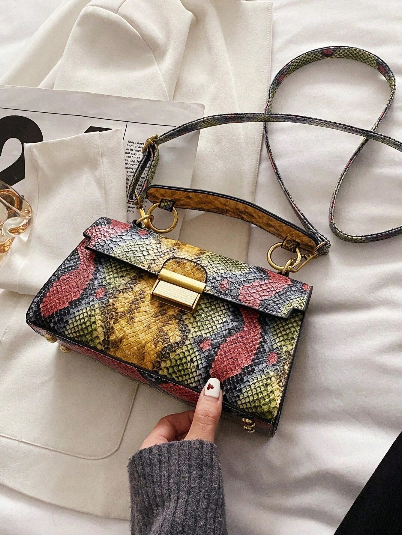 Fashionable Trend, High-End Texture, Light Luxury, Snake Print Niche Design, Versatile Handheld, Detachable Shoulder Cross shein
