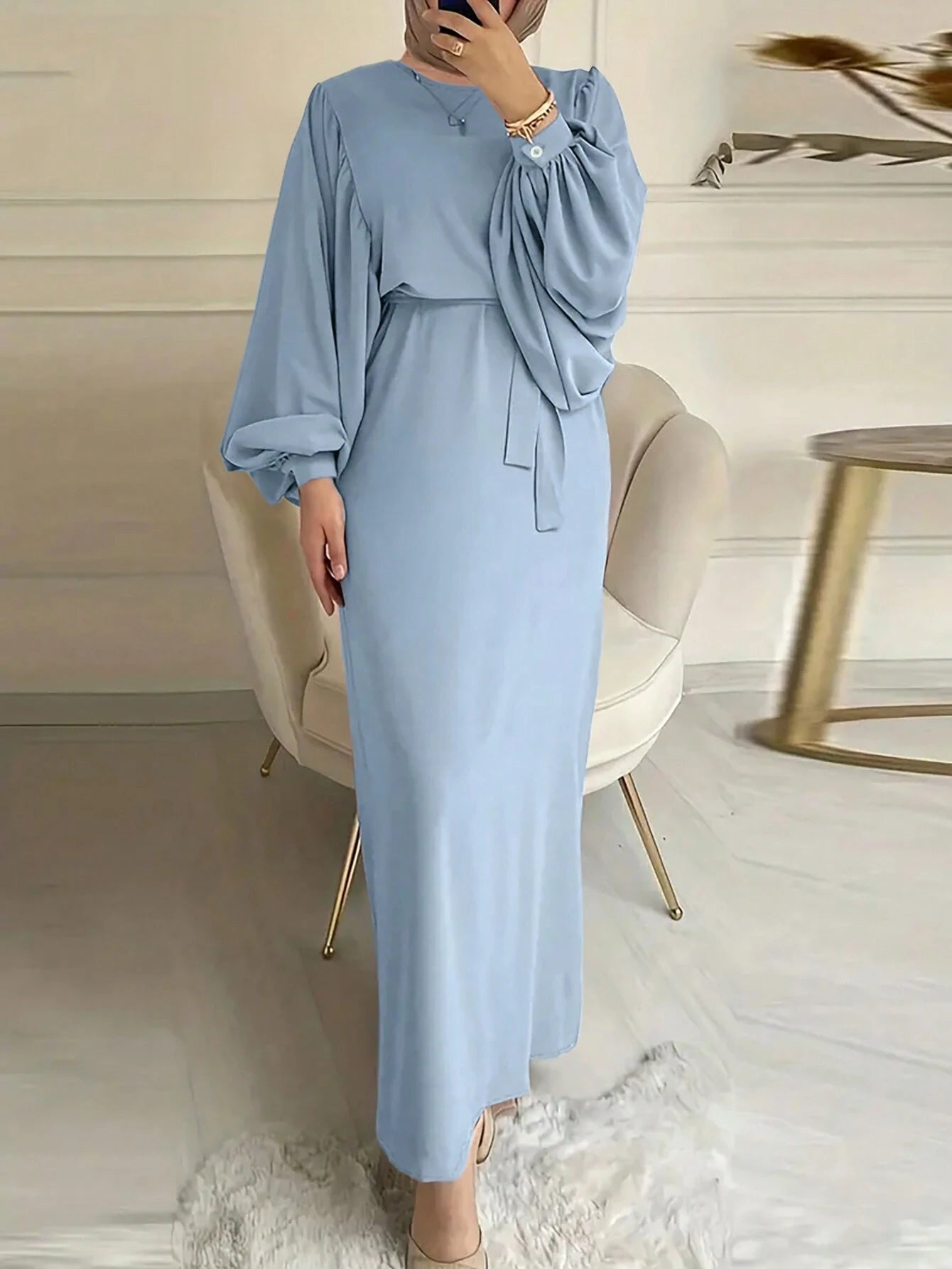 Solid Color Round Neck Lantern Sleeve Bodycon Dress shein