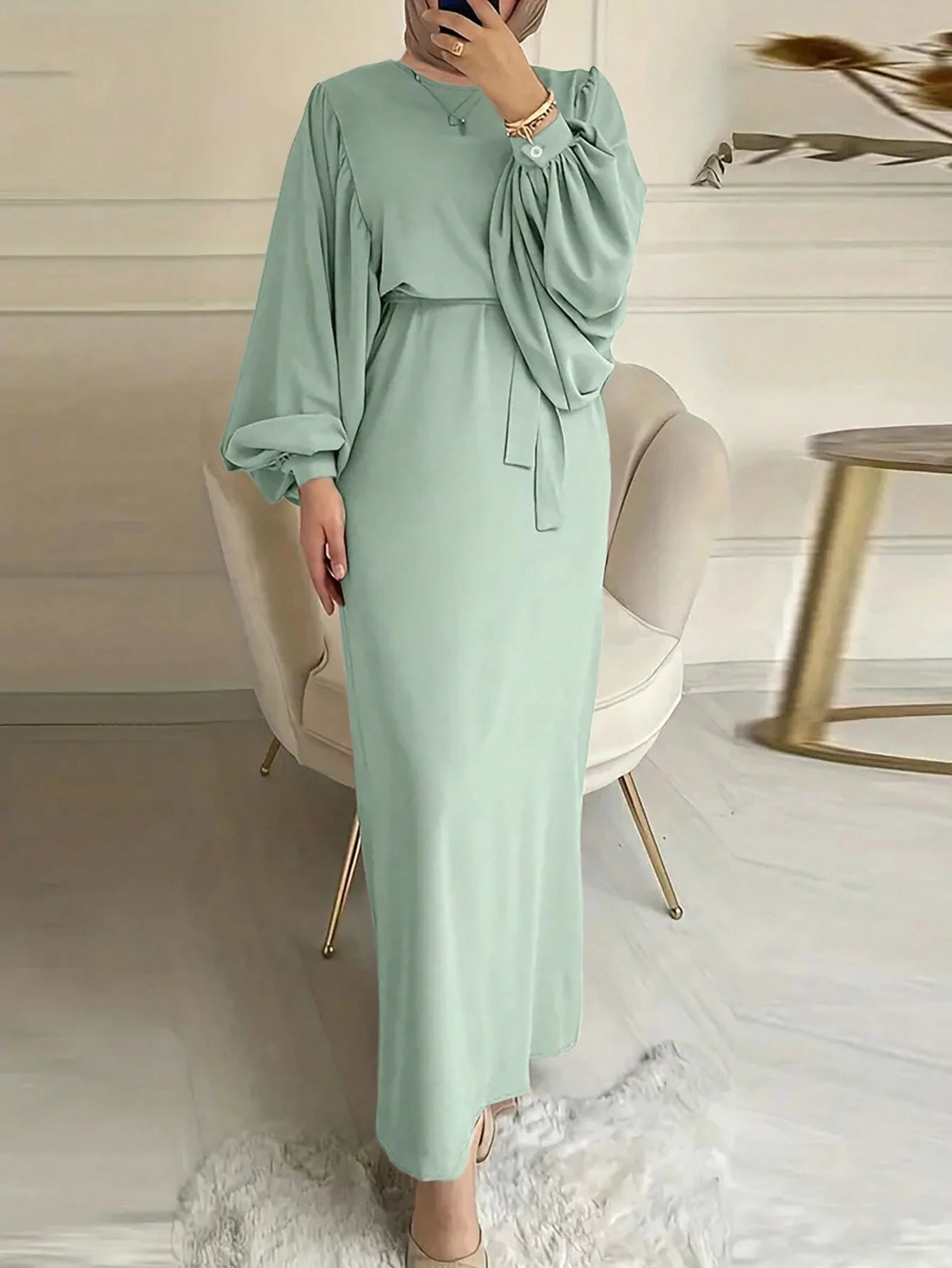 Solid Color Round Neck Lantern Sleeve Bodycon Dress shein