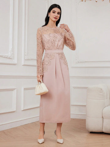 Modely Elegant Lace Splice Belted Dress shein