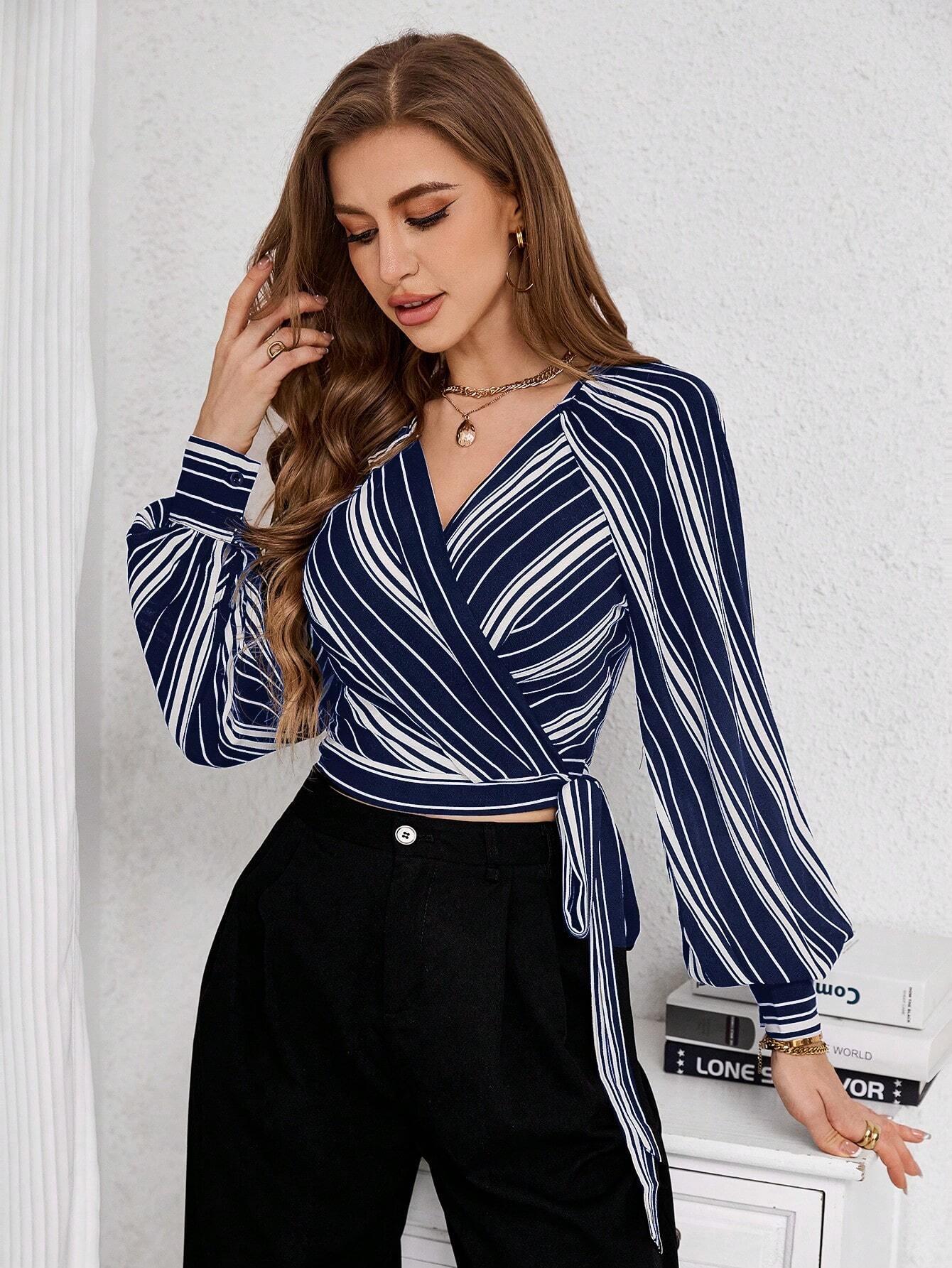Privé Women's Striped Print Raglan Sleeve Crop Tie Front Shirt shein