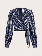 Privé Women's Striped Print Raglan Sleeve Crop Tie Front Shirt shein