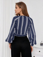 Privé Women's Striped Print Raglan Sleeve Crop Tie Front Shirt shein
