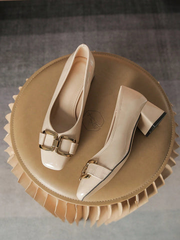 Chain Decor Square Toe Chunky Heeled Court Pumps, Black Elegant Pure Metallic Color High Heeled Shoes