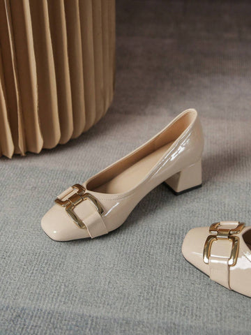 Chain Decor Square Toe Chunky Heeled Court Pumps, Black Elegant Pure Metallic Color High Heeled Shoes