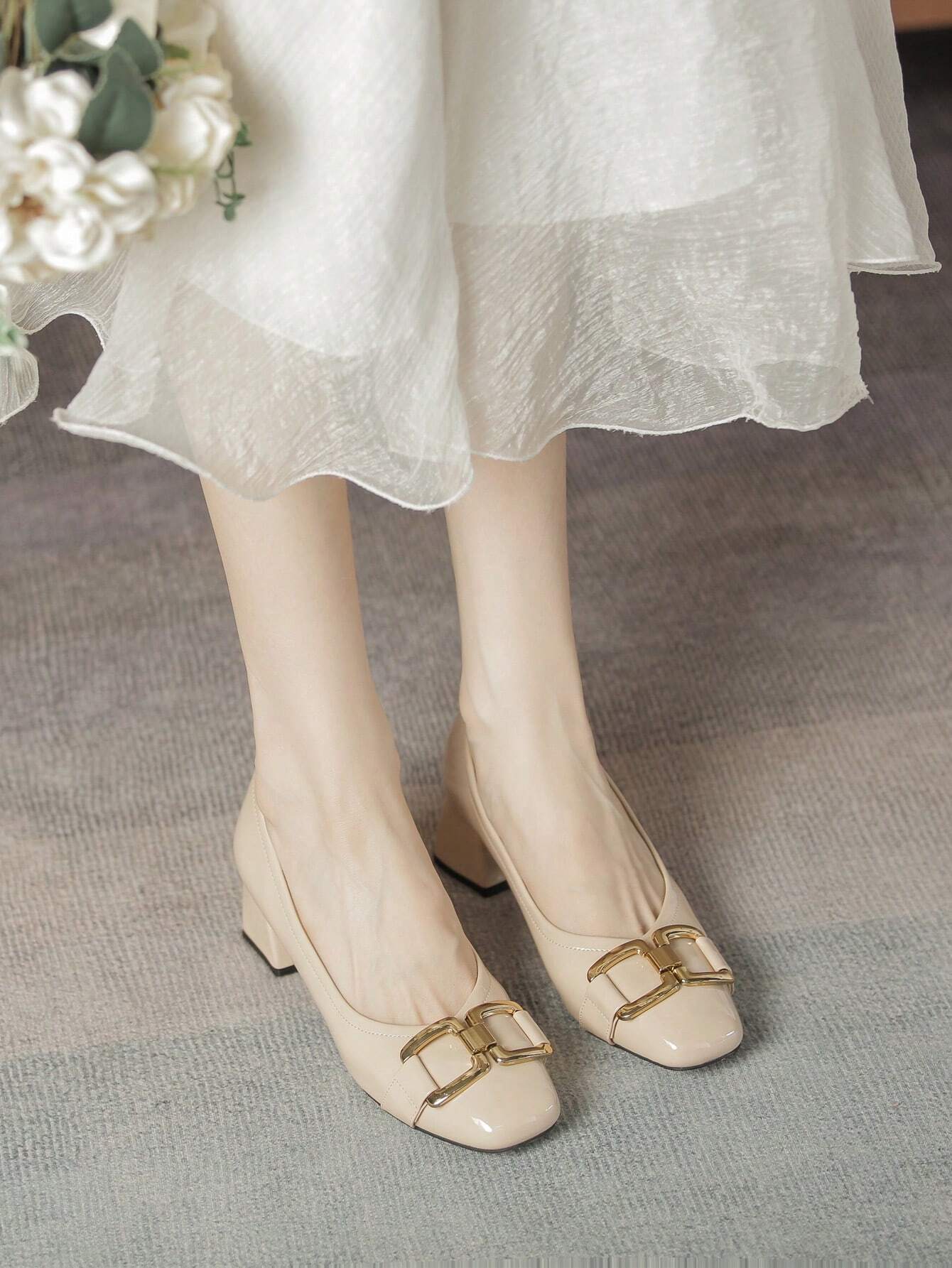 Chain Decor Square Toe Chunky Heeled Court Pumps, Black Elegant Pure Metallic Color High Heeled Shoes shein