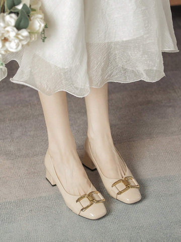 Chain Decor Square Toe Chunky Heeled Court Pumps, Black Elegant Pure Metallic Color High Heeled Shoes