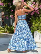 VCAY Floral Printed Spaghetti Strap Twist Front Sleeveless Top And Ruffled Hem Skirt shein