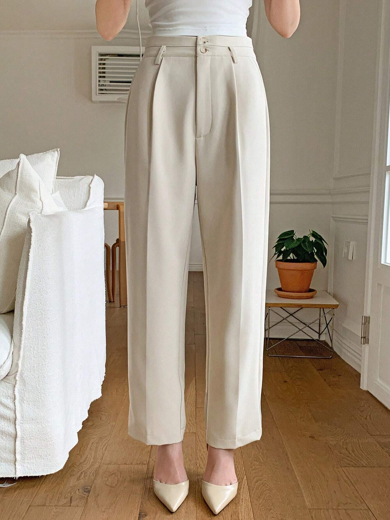 DAZY Women Business Casual Solid Color Zipper Pocket 7/8 Length Suit Pants shein