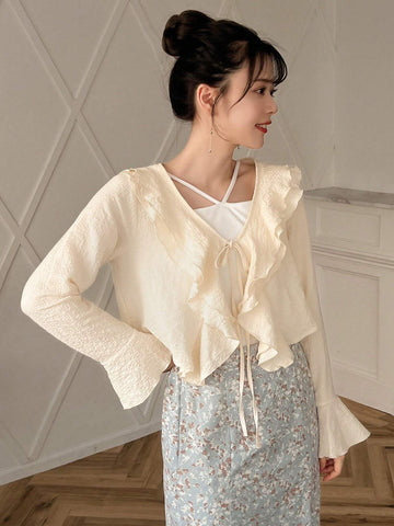 FRIFUL Ladies' Solid Color Front Tie Ruffle Lace Summer Long Sleeve Shirt shein