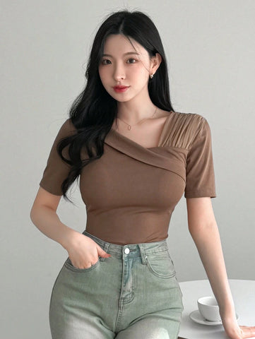 DAZY Contrast Mesh Asymmetrical Neck Tee