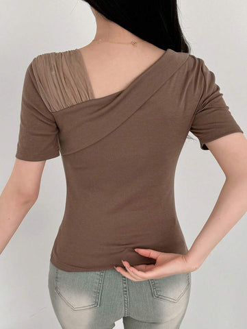 DAZY Contrast Mesh Asymmetrical Neck Tee