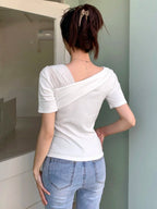 DAZY Contrast Mesh Asymmetrical Neck Tee shein