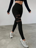 EZwear Mesh Contrast High Waist Slim Fit Leggings shein