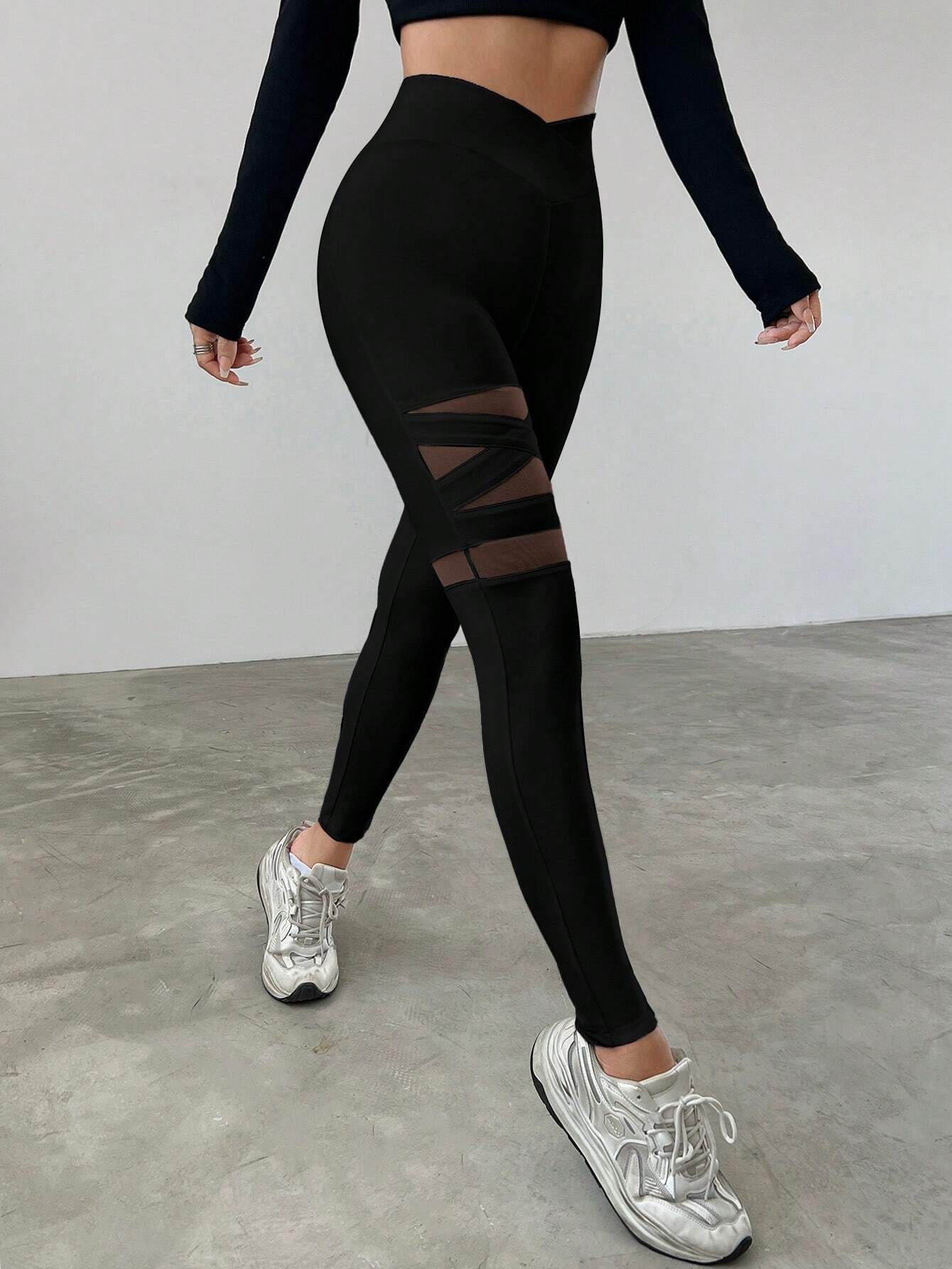 EZwear Mesh Contrast High Waist Slim Fit Leggings shein