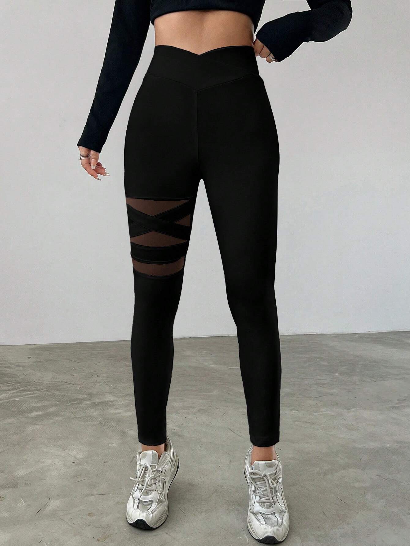 EZwear Mesh Contrast High Waist Slim Fit Leggings shein