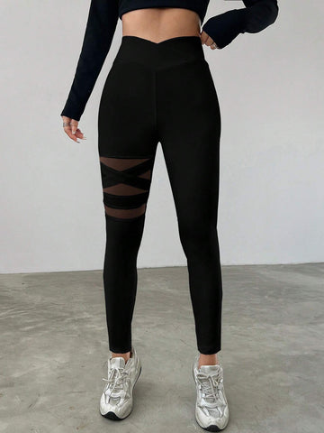 EZwear Mesh Contrast High Waist Slim Fit Leggings