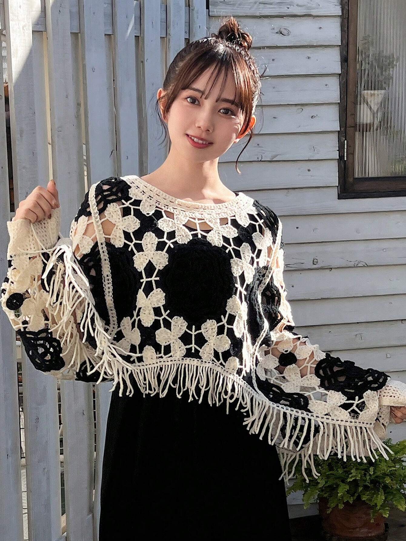 FRIFUL Women's Hollow Out Knitted Sweater With Tassel Trim shein