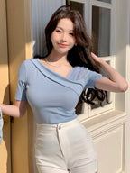 DAZY Contrast Mesh Asymmetrical Neck Tee shein