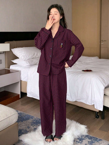 DAZY 2pcs Plaid Embroidery Pajama Set Shein